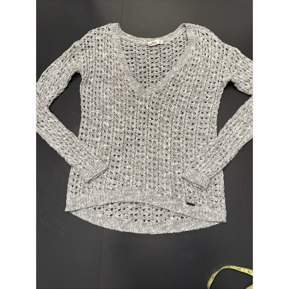 Hollister Sweater Womens M Gray/White Crochet Summer Beach Coastal Cottagecore